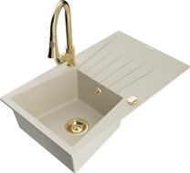 Mexen Cesar 1-compartment granite sink with a drip tray and kitchen mixer tap Elia, Beige - 6514-69-670101-50