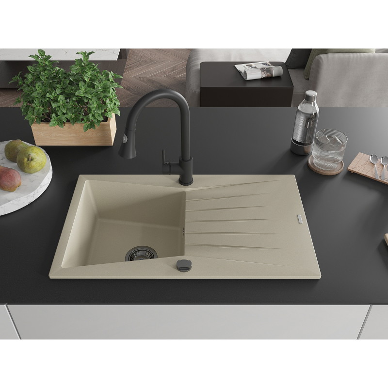 Mexen Cesar 1-bowl granite sink with drainer and Elia kitchen faucet, beige - 6514-69-670101-70