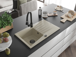 Mexen Cesar 1-bowl granite sink with drainer and Elia kitchen faucet, beige - 6514-69-670101-70