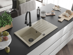 Mexen Cesar 1-compartment granite sink with a drip tray and kitchen mixer tap Elia, Beige - 6514-69-670101-70