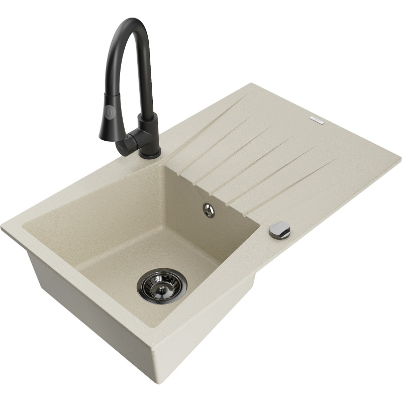 Mexen Cesar 1-bowl granite kitchen sink with drainer and Elia kitchen faucet, beige - 6514-69-670101-70