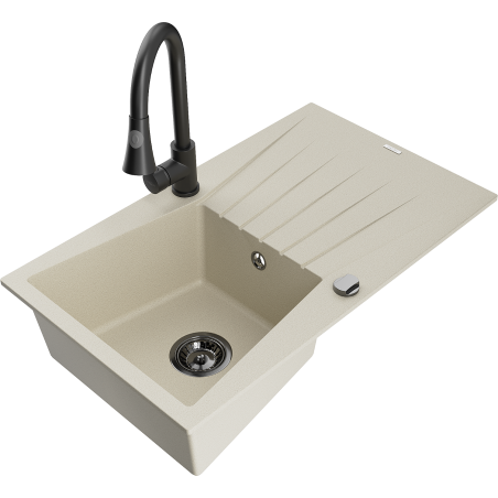 Mexen Cesar 1-bowl granite kitchen sink with drainer and Elia kitchen faucet, beige - 6514-69-670101-70