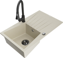 Mexen Cesar 1-compartment granite sink with a drip tray and kitchen mixer tap Elia, Beige - 6514-69-670101-70