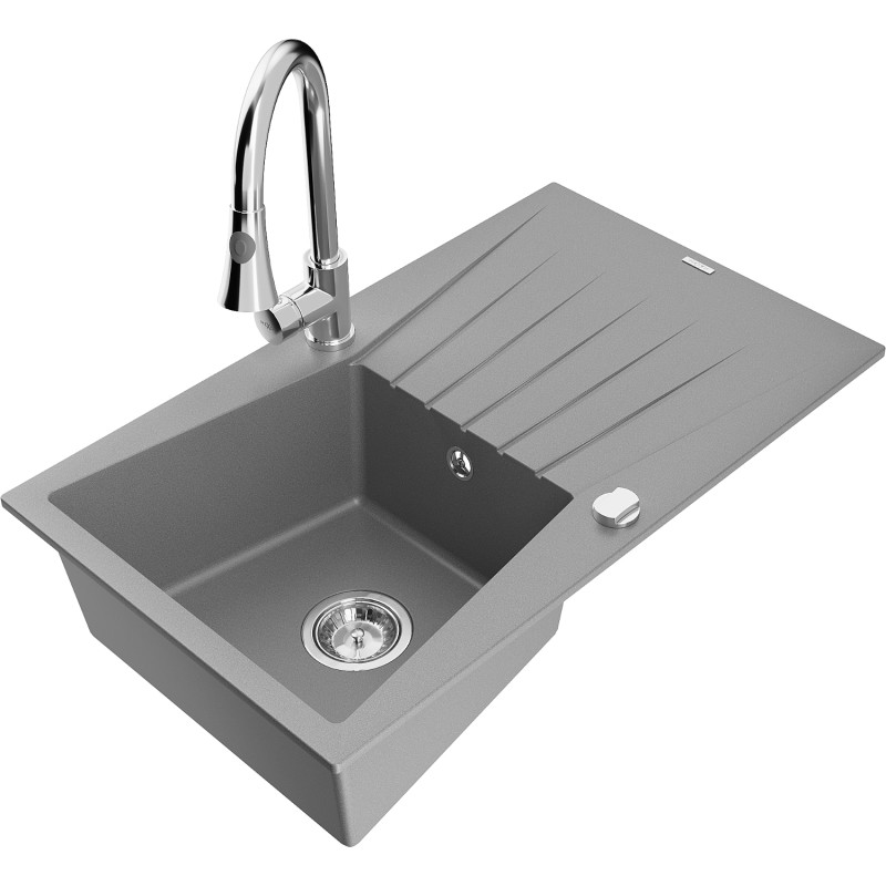 Mexen Cesar granite kitchen sink 1-bowl with drainer and kitchen faucet Elia, gray - 6514-71-670101-00