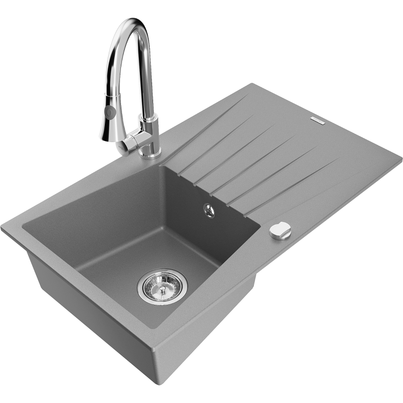Mexen Cesar granite sink 1-bowl with drainer and Elia kitchen tap, grey - 6514-71-670101-00