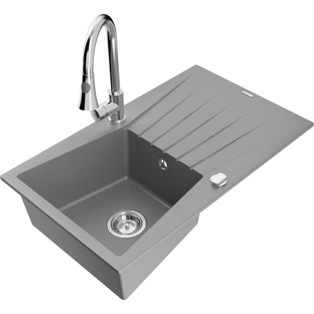 Mexen Cesar granite sink 1-bowl with drainer and Elia kitchen tap, grey - 6514-71-670101-00