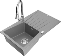 Mexen Cesar 1-compartment granite sink with a drip tray and kitchen mixer tap Elia, Grey - 6514-71-670101-00