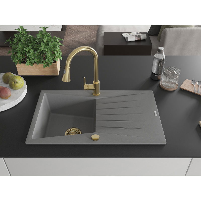 Mexen Cesar 1-bowl granite sink with drainer and Elia kitchen tap, grey - 6514-71-670101-50