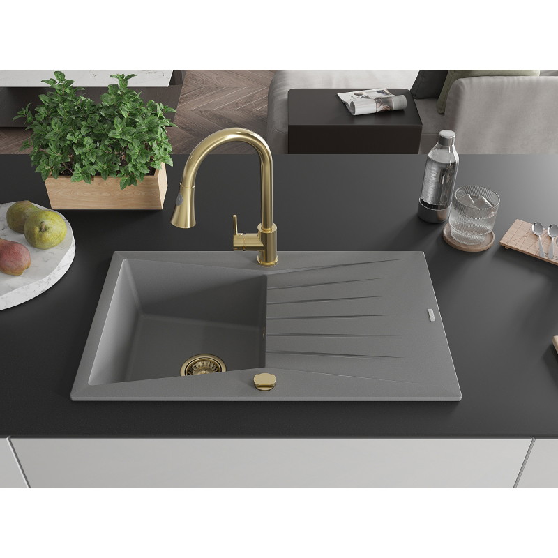 Mexen Cesar granite sink 1-bowl with drainer and Elia kitchen faucet, gray - 6514-71-670101-50