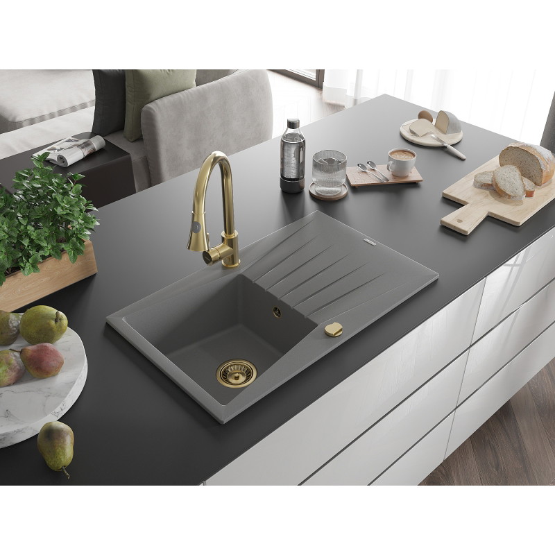 Mexen Cesar granite sink 1-bowl with drainer and Elia kitchen faucet, gray - 6514-71-670101-50