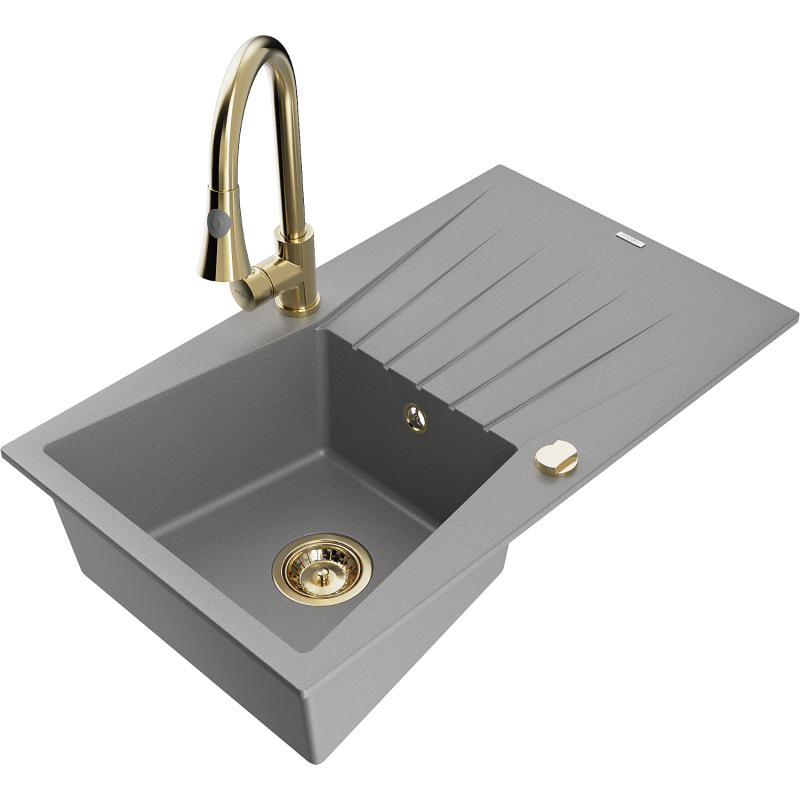 Mexen Cesar 1-bowl granite sink with drainer and Elia kitchen tap, grey - 6514-71-670101-50