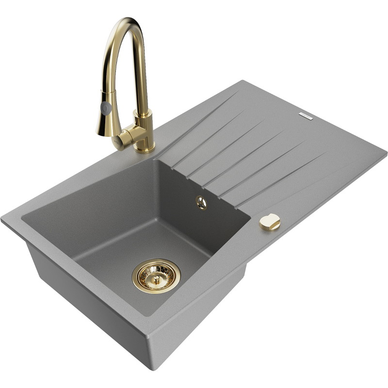Mexen Cesar granite sink 1-bowl with drainer and Elia kitchen faucet, gray - 6514-71-670101-50