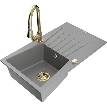 Mexen Cesar 1-bowl granite sink with drainer and Elia kitchen tap, grey - 6514-71-670101-50