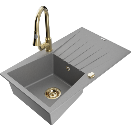 Mexen Cesar 1-compartment granite sink with a drip tray and kitchen mixer tap Elia, Grey - 6514-71-670101-50