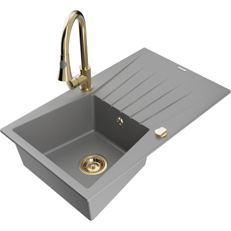 Mexen Cesar granite sink 1-bowl with drainer and Elia kitchen faucet, gray - 6514-71-670101-50