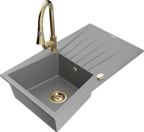 Mexen Cesar 1-compartment granite sink with a drip tray and kitchen mixer tap Elia, Grey - 6514-71-670101-50