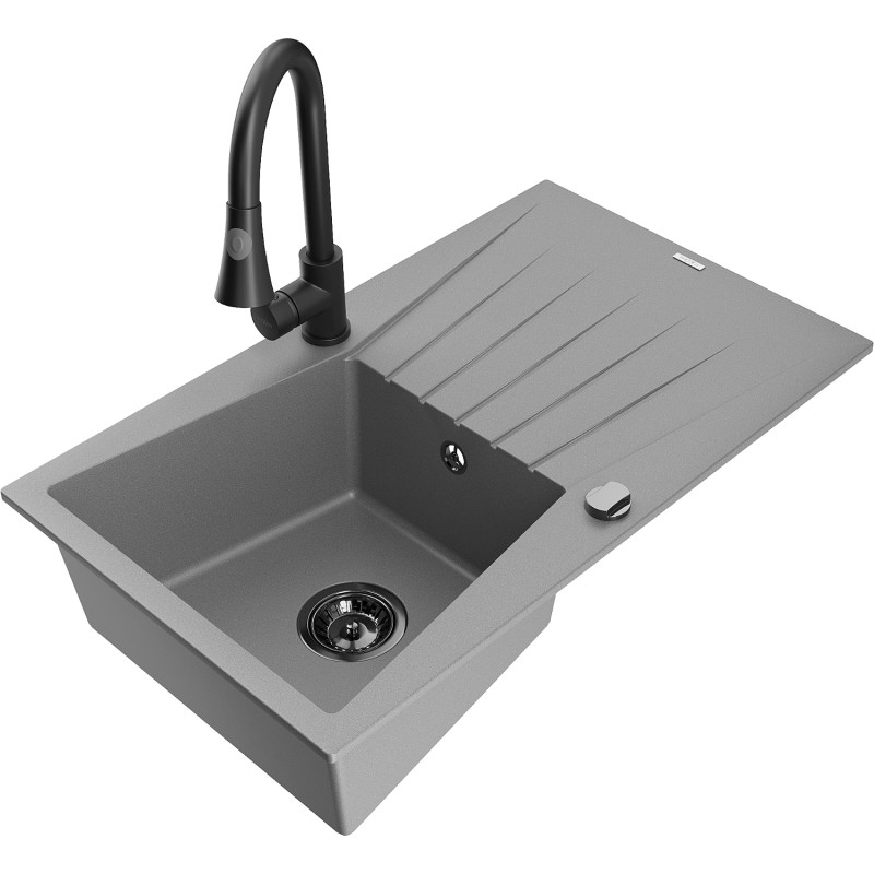 Mexen Cesar 1-bowl granite sink with drainer and Elia kitchen faucet, gray - 6514-71-670101-70-B