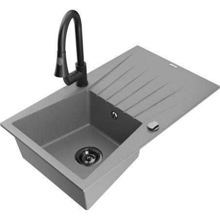 Mexen Cesar 1-compartment granite sink with a drip tray and kitchen mixer tap Elia, Grey - 6514-71-670101-70-B