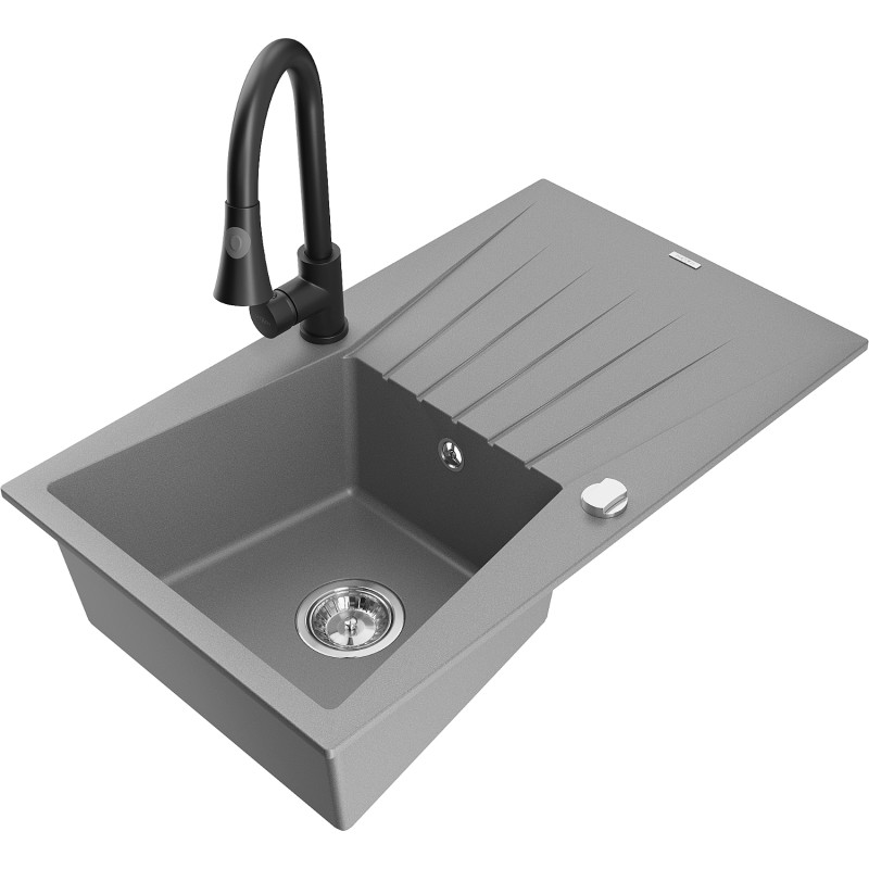 Mexen Cesar 1-bowl granite sink with drainer and Elia kitchen faucet, gray - 6514-71-670101-70