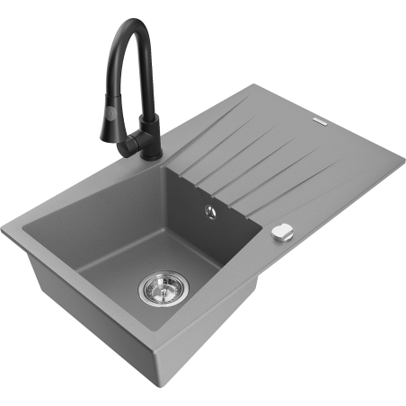 Mexen Cesar 1-bowl granite sink with drainer and Elia kitchen faucet, gray - 6514-71-670101-70