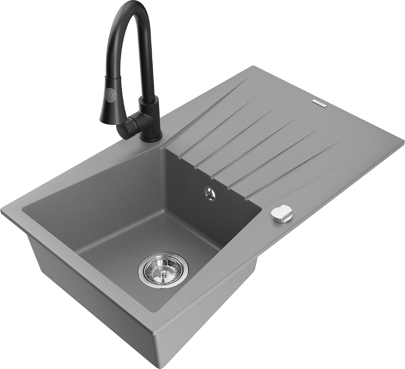 Mexen Cesar 1-compartment granite sink with a drip tray and kitchen mixer tap Elia, Grey - 6514-71-670101-70