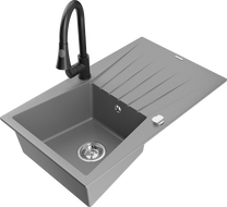 Mexen Cesar granite kitchen sink 1-bowl with drainer and Elia kitchen faucet, gray - 6514-71-670101-70