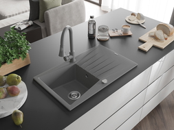 Mexen Cesar 1-compartment granite sink with a drip tray and kitchen mixer tap Elia, Grey - 6514-71-670101-71