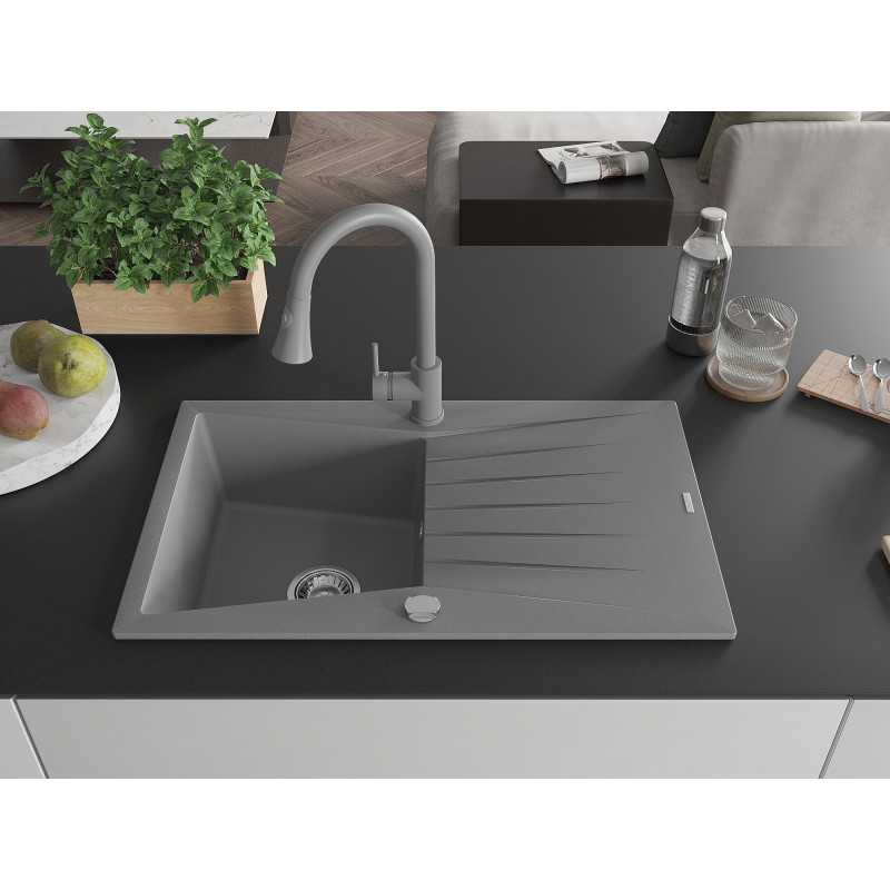 Mexen Cesar 1-bowl granite kitchen sink with drainer and Elia kitchen faucet, gray - 6514-71-670101-71