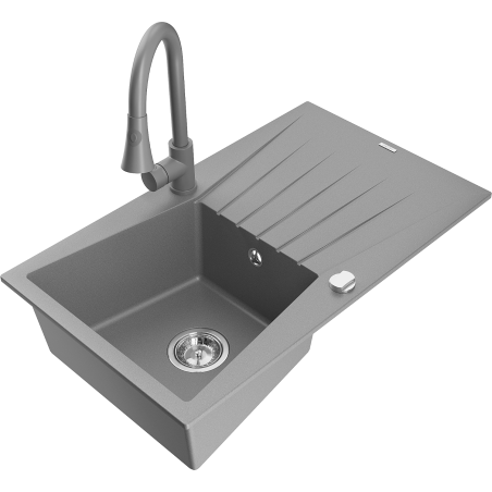 Mexen Cesar 1-compartment granite sink with a drip tray and kitchen mixer tap Elia, Grey - 6514-71-670101-71