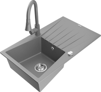 Mexen Cesar 1-compartment granite sink with a drip tray and kitchen mixer tap Elia, Grey - 6514-71-670101-71