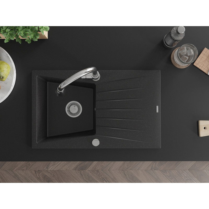 Mexen Cesar 1-bowl granite sink with drainer and Elia kitchen tap, black/silver metallic - 6514-73-670101-00