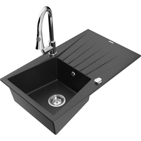 Mexen Cesar 1-compartment granite sink with a drip tray and kitchen mixer tap Elia, Black/Silver metallic - 6514-73-670101-00