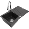 Mexen Cesar 1-compartment granite sink with a drip tray and kitchen mixer tap Elia, Black/Silver metallic - 6514-73-670101-00
