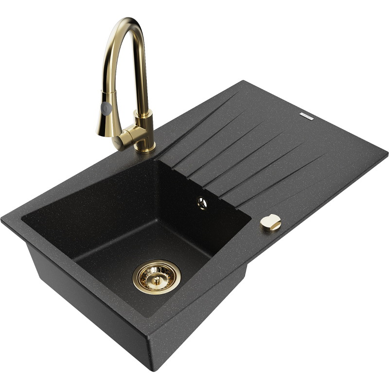 Mexen Cesar 1-bowl granite sink with drainer and kitchen faucet Elia, black/silver metallic - 6514-73-670101-50
