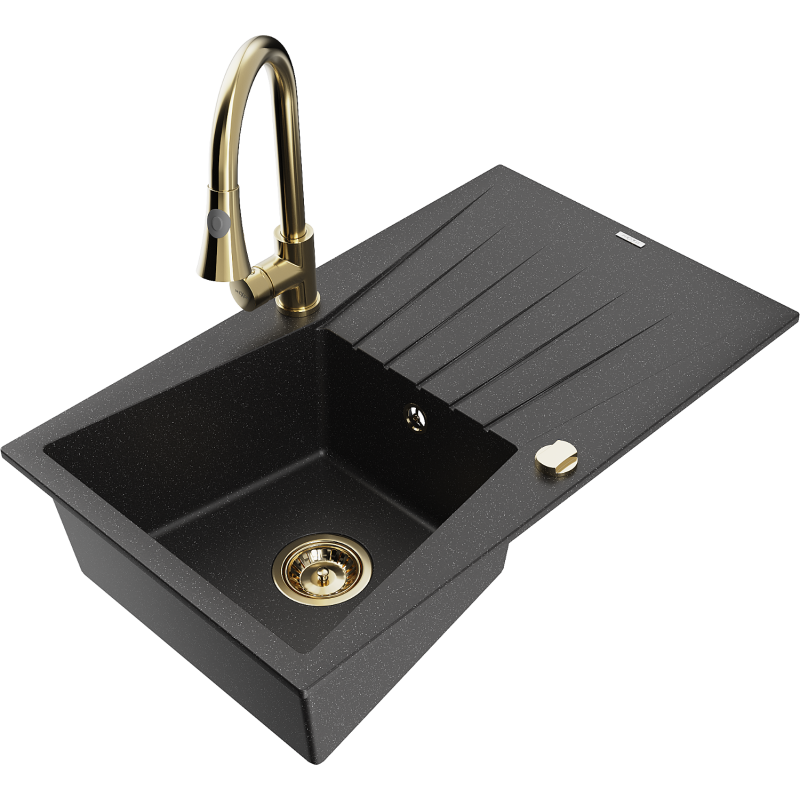 Mexen Cesar 1-compartment granite sink with a drip tray and kitchen mixer tap Elia, Black/Silver metallic - 6514-73-670101-50