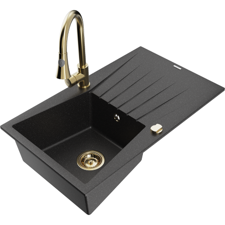 Mexen Cesar 1-bowl granite sink with drainer and kitchen faucet Elia, black/silver metallic - 6514-73-670101-50