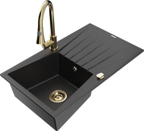 Mexen Cesar granite sink 1-bowl with drainer and kitchen faucet Elia, black/silver metallic - 6514-73-670101-50