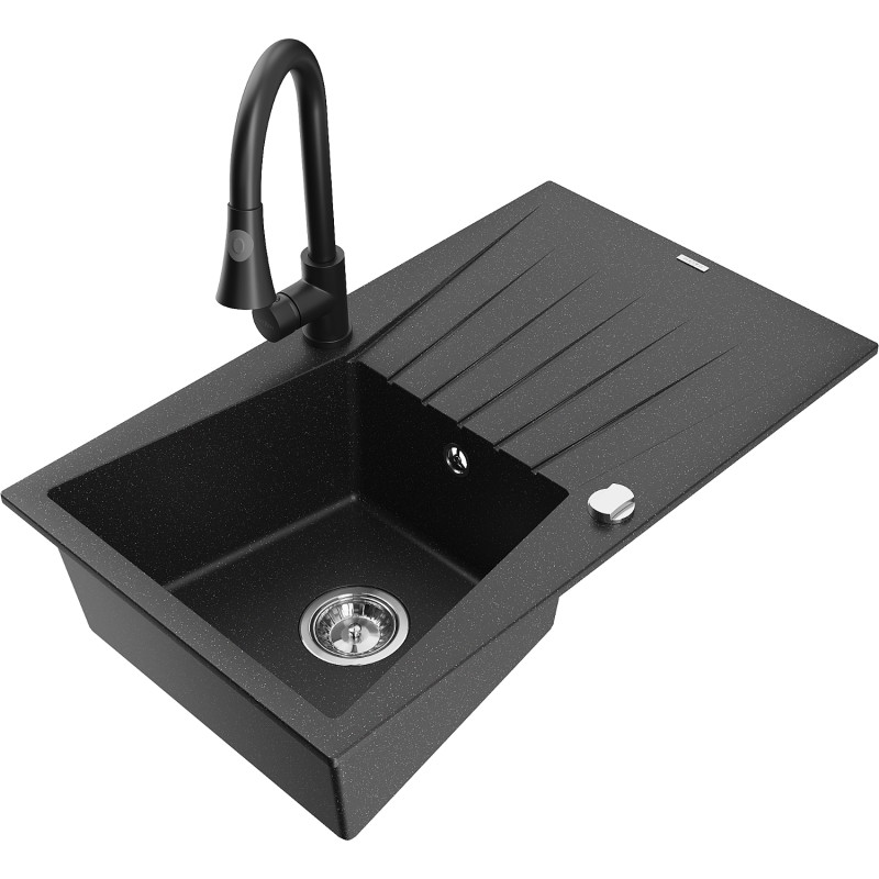 Mexen Cesar granite kitchen sink 1-bowl with drainer and Elia kitchen faucet, black/silver metallic - 6514-73-670101-70