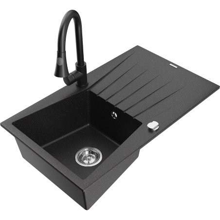 Mexen Cesar 1-compartment granite sink with a drip tray and kitchen mixer tap Elia, Black/Silver metallic - 6514-73-670101-70