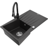 Mexen Cesar granite kitchen sink 1-bowl with drainer and Elia kitchen faucet, black/silver metallic - 6514-73-670101-70