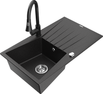 Mexen Cesar 1-compartment granite sink with a drip tray and kitchen mixer tap Elia, Black/Silver metallic - 6514-73-670101-70