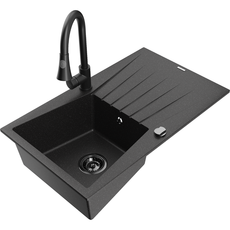 Mexen Cesar 1-compartment granite sink with a drip tray and kitchen mixer tap Elia, Black/Silver metallic - 6514-73-670101-70-B