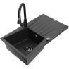 Mexen Cesar Granite Single-Bowl Sink with Drainer and Kitchen Faucet Elia, Black/Silver Metallic - 6514-73-670101-70-B
