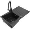 Mexen Cesar granite sink 1-bowl with drainer and Elia kitchen tap, black/silver metallic - 6514-73-670101-70-B