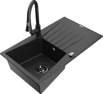 Mexen Cesar granite sink 1-bowl with drainer and Elia kitchen tap, black/silver metallic - 6514-73-670101-70-B