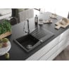 Mexen Cesar 1-compartment granite sink with a drip tray and kitchen mixer tap Elia, Black/Gold metallic - 6514-75-670101-00