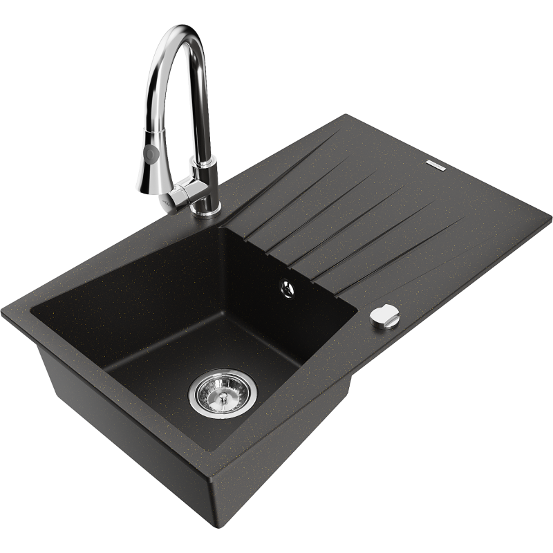 Mexen Cesar 1-bowl granite sink with drainer and Elia kitchen tap, black/gold metallic - 6514-75-670101-00