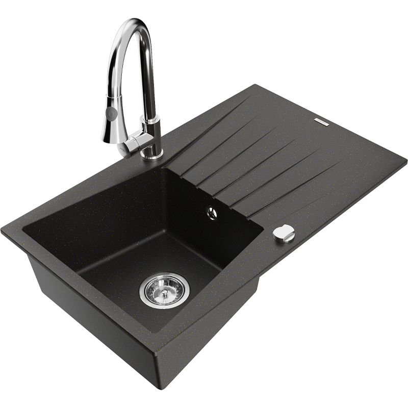 Mexen Cesar 1-compartment granite sink with a drip tray and kitchen mixer tap Elia, Black/Gold metallic - 6514-75-670101-00