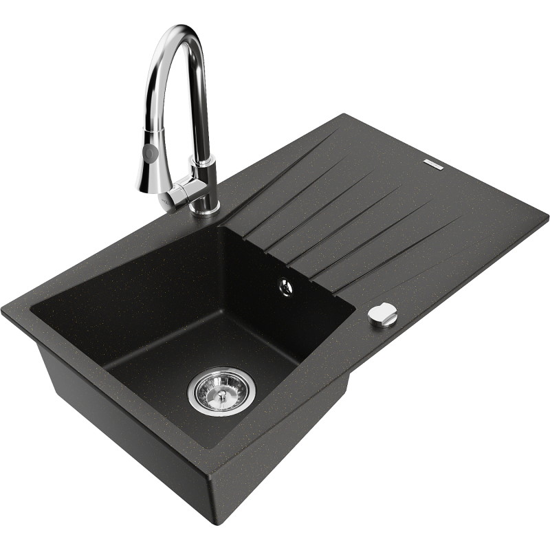 Mexen Cesar granite sink 1-bowl with drainer and Elia kitchen faucet, black/gold metallic - 6514-75-670101-00