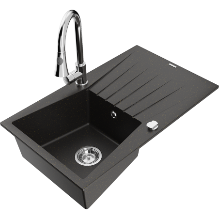 Mexen Cesar 1-bowl granite sink with drainer and Elia kitchen tap, black/gold metallic - 6514-75-670101-00